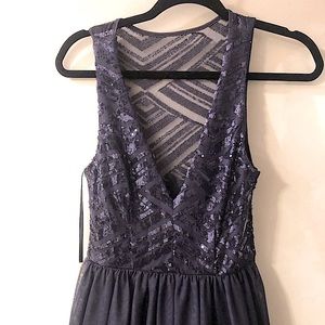 Sequin navy blue tulle formal sleeveless deep v neck dress